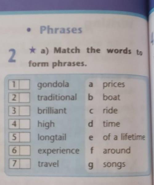 * a) Match the word form phrases.A2W.gondolaa prleestraditional b boatbrilliant c ridehighd timelong