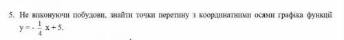 Не виконуючи побудови знайти точки перетину з координатними осями графіка функцій у=-¼ х+5​