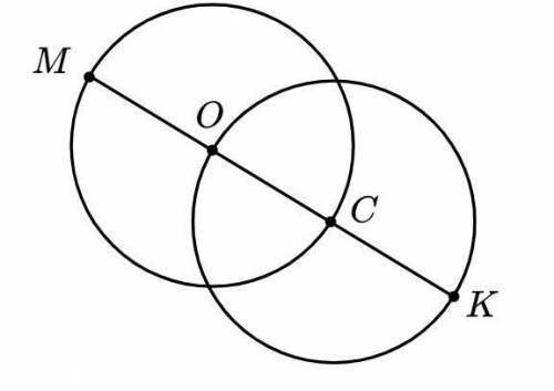 На рисунке изображены две окружности с центрами O и C. Найди радиус каждой окружности, если MK = 4 д