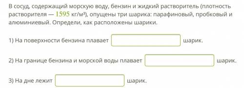 В сосуд, содержащий морскую воду, бензин и жидкий растворитель (плотность растворителя — 1595 кг/м³)