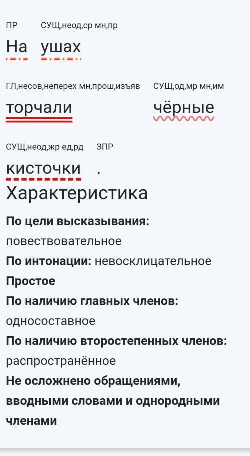 На ушах торчали чёрные кисточки. Выполнить синтаксический разбор предложения