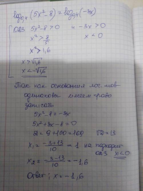 Log0,4 (5x^2-8)=log0,4 (-3x)