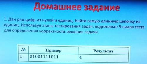 Дан ряд цифр из нулей и единиц. Найти самую длинную цепочку из единиц. Используя этапы тестирования 