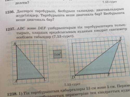 Заполните треугольники ABC и DEF прямоугольниками и найдите площадь каждого из них в квадратных сант