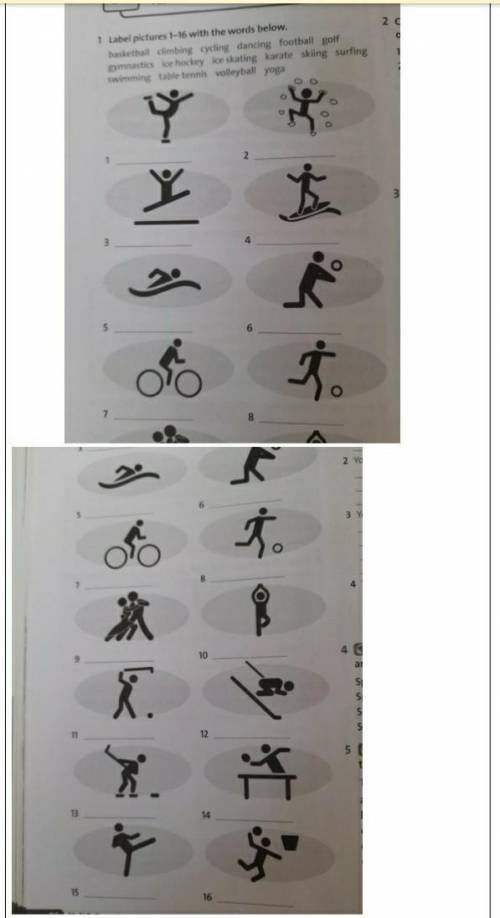 1. Label pictures 1-16 with the words below. basketball climbing cycling dancing football golf gymna