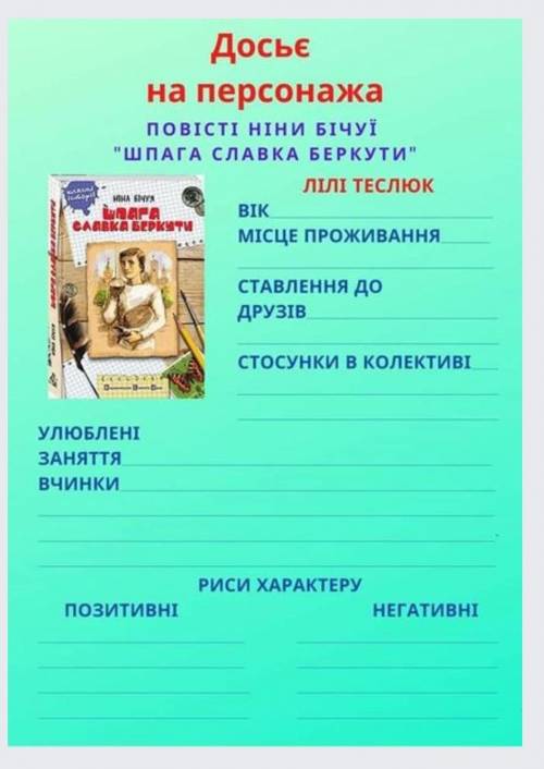 Досьє персонажа повісті Ніна Бічуя Шпага Слави Беркуд Лілі Теслюк ​