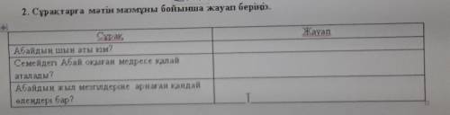 2. Сұрақтарға мәтін мазмұны бойынша жауап беріңіз.ЖауапСұрақАбайдың шын аты кім?Семейдегі Абай оқыға