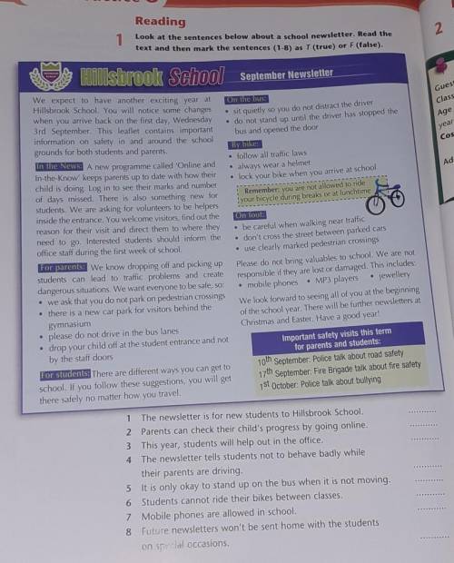 1. Reading Look at the sentences below about a school newsletter, Read thetent and then mark the sen