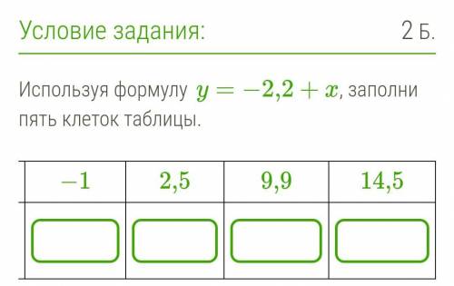 Используя формулу y=−2,2+x, заполни пять клеток таблицы.