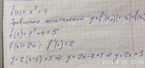 Складіть рівняння дотичної до графіка функції f(x)=x²+4 в точці з абсцисою x0=1​