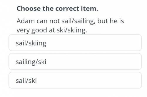 Choose the correct item.Adam can not sail/sailing, but he isvery good at ski/skiing.sail/skiingsail/