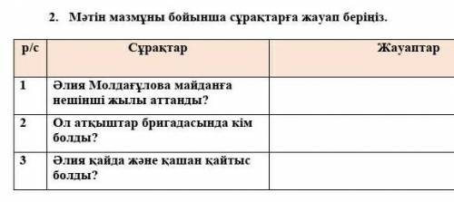 1.      мазмұны бойынша сұрақтарға жауап беріңіз.  р/сСұрақтарЖауаптар11Әлия Молдағұлова майданға не