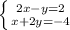 \left \{ {{2x-y=2} \atop {x+2y=-4}} \right.