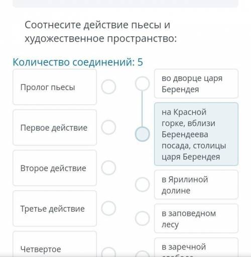 Соотнесите действие пьесы и художественное пространство : Количество соединений : 5 Пролог пьесы во 