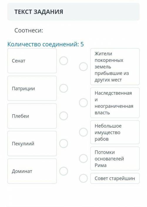 ТЕКСТ ЗАДАНИЯ Соотнеси:Количество соединений: 5СенатПатрицииПлебеиПекулиийДоминатЖители покоренных з