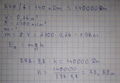 Башенный кран, поднимая 6 бетонных блоков, совершил работу 840 кДж. Объем одного блока равен 0,26 м^