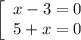 \left[\begin{array}{l} x-3=0\\ 5+x=0\end{array}