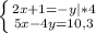 \left \{ {{2x + 1=-y|*4} \atop {5x - 4y =10,3}} \right.