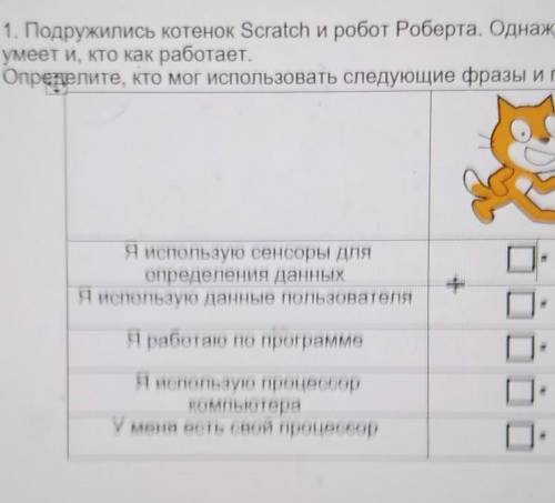 1. Подружились котенок Scratch и робот Роберта. Однажды они решили обсудить кто что умеет и, кто как