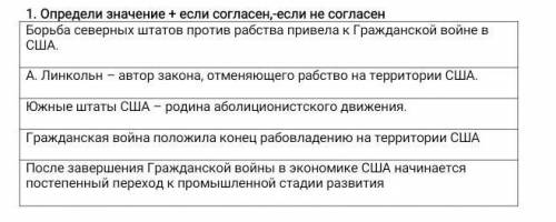 1. Определи значение + если согласен,-если не согласен Борьба северных штатов против рабства привела