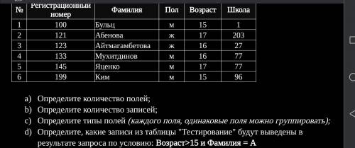 Определите количество полей; Определите количество записей; Определите типы полей (каждого поля, оди