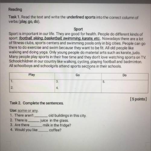 Reading Task 1. Read the text and write the underlined sports into the correct column of verbs (play