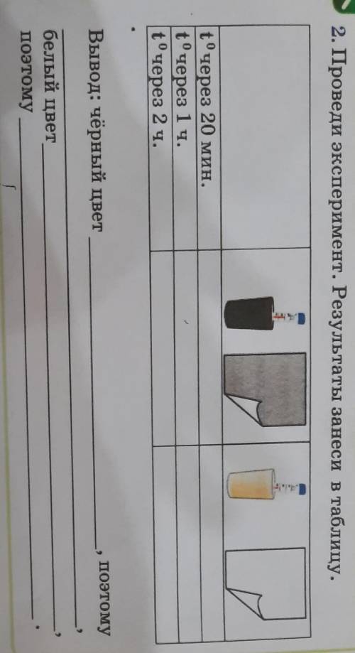 2. Проведи эксперимент. Результаты занеси в таблицу. t°через 20 мин.t°через 1 ч.t°через 2 ч. !​