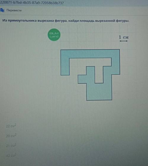 Из прямоугольника вырезана фигура, найди площадь вырезанной фигуры.​ 22см2 42см220 см221см2