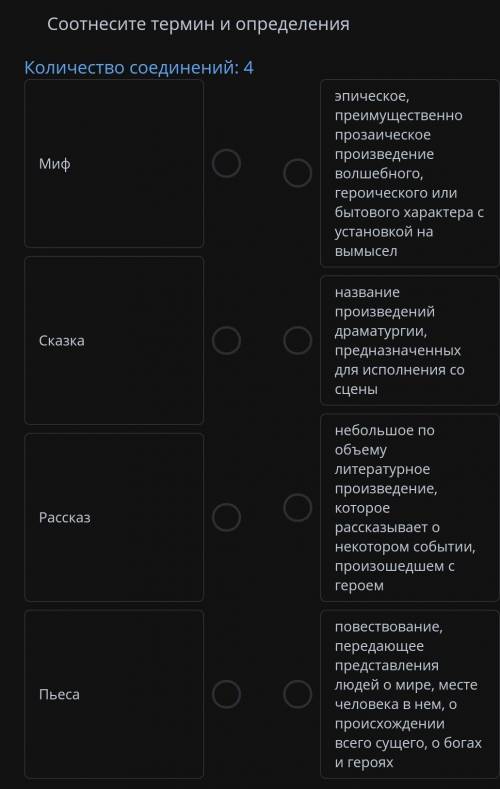 Соотнесите термин и определения Количество соединений: 4МифСказкаРассказПьесаэпическое, преимуществе