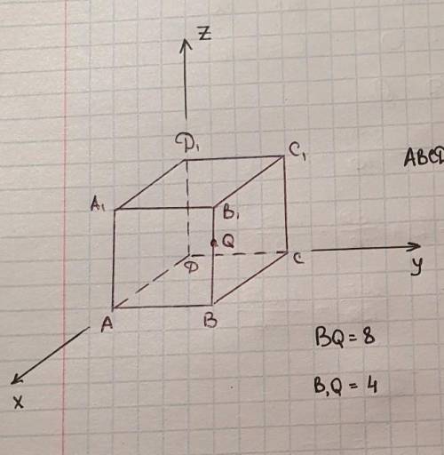 Какие координаты будет иметь точка Q? Дан куб со сторонами по 12 см.​