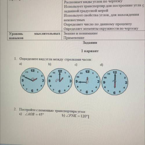 Навыков Применение Задання 1 вариант Центр 1. Определите вид угла между стрелками часов: a) b)  d) 1