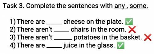 Task 3. Complete the sentences with any , some. There are  cheese on the plate. ✅There aren’t  chair