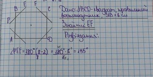 До іть зробити задачу: Кути квадрата зі стороною 6 см зрізали так, що отрималиправильний восьмикутни