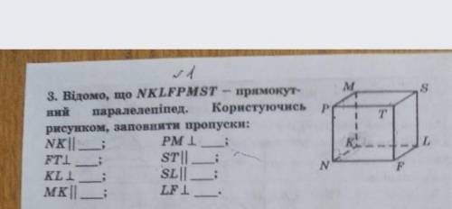 Відомо, що NKLFPMST -- прямокутний паралелепіпед. Користуючись рисунком, заповнити пропуски: NK||; F