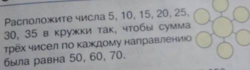 Расположите числа 5,10,15,20,25,30,35 в кружки так, чтобы сумма трёх чисел по каждому направлению бы