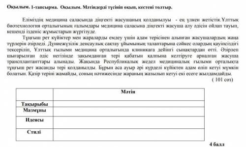 Оқылым. 1-тапсырма. Оқылым. Мәтіндерді түсініп оқып, кестені толтыр. Еліміздің медицина саласында ді