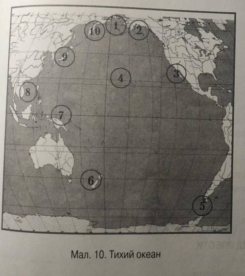 До іть будь-ласка Позначити об'єкти на тихому океані.1...море2...затока3... півострів4...острови5...