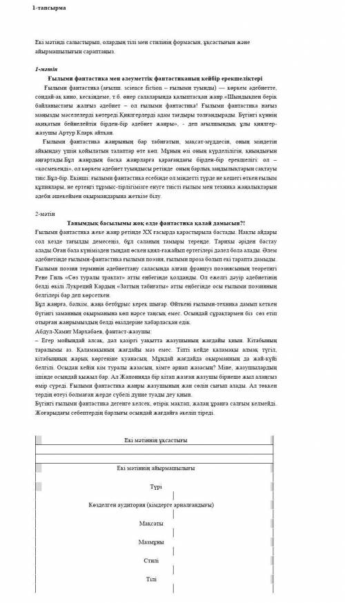 Екі мәтінді салыстырып, олардың тілі мен стилінің формасын, ұқсастығын және айырмашылығын сараптаңыз