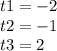 t1 = - 2 \\ t2 = - 1 \\ t3 = 2