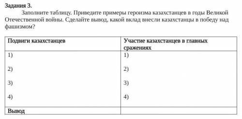 Заполните таблицу. Приведите примеры героизма казахстанцев в годы Великой Отечественной войны. Сдела