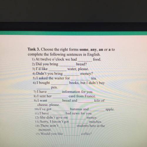 Task 3. Choose the right forms some, any, an or a to complete the following sentences in English. 1)