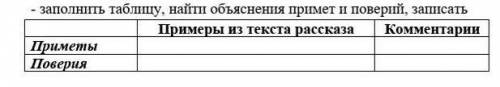 Заполнить таблицу, найти объяснения примет и поверий, записать  Примеры из текста рассказаКомментари