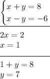 \begin{cases}x + y = 8 \\ x - y = - 6 \end{cases} \\ \overline{ \qquad \qquad \qquad} \\ 2x = 2 \\ x = 1 \\ \overline{ \qquad \qquad \qquad} \\ 1 + y = 8 \\ y = 7