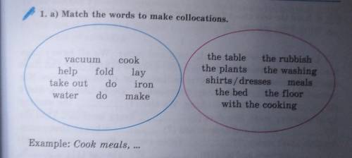 Match the words to make collocations. vacuum cookhelpfoldlaytake out doironwaterdomakethe tablethe r