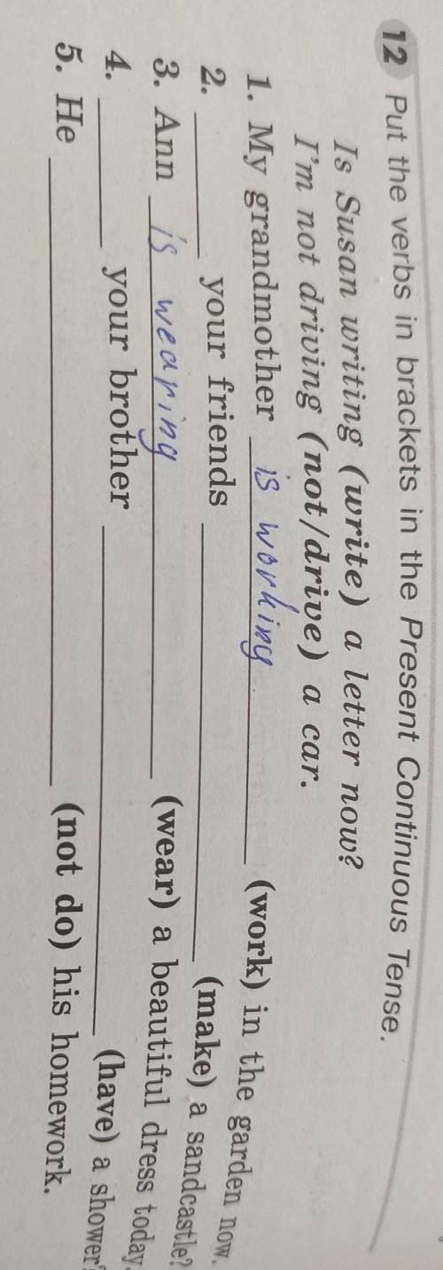 12 Put the verbs in brackets in the Present Continuous Tense. Is Susan writing (write) a letter now?