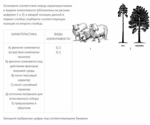 Установите соответствие между характеристиками и видами изменчивости (обозначены на рисунке цифрами