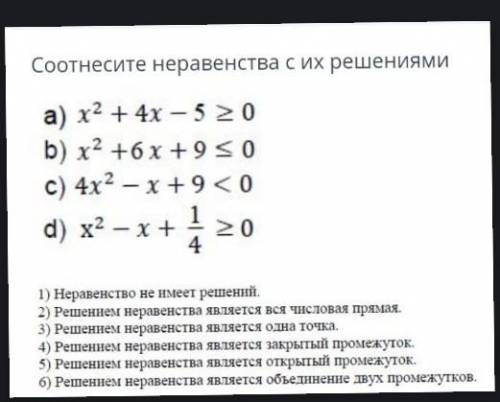 Соотнесите неравенства с их решениями a) x² + 4x - 5 20b) x² +6x +9c) 4x²-x+9<0d) x² - x + ≥0 41)