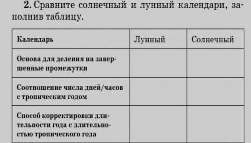 Сравните солнечный и лунный календари, заполнив таблицу