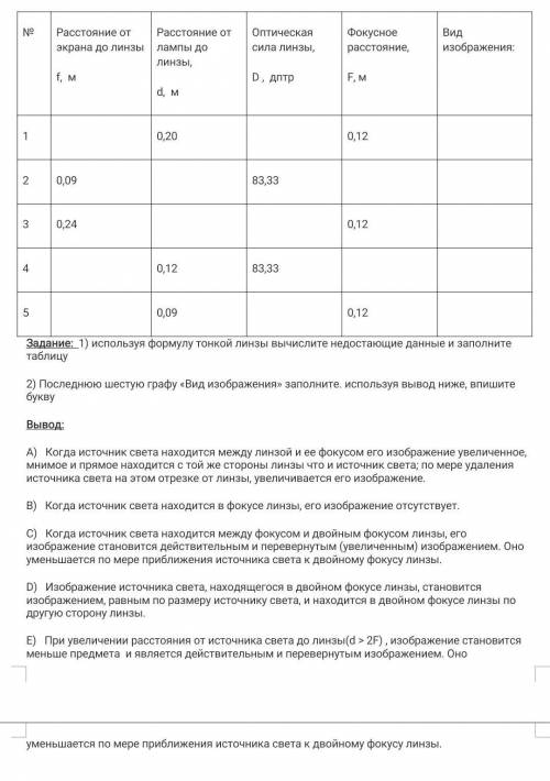 Используя формулу тонкой линзы вычислите недостающие данные и заполните таблицу ​