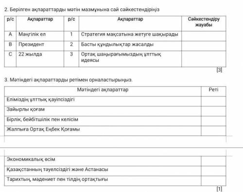 2. Берілген ақпараттарды мәтін мазмұнына сай сәйкестендiрiнiз 3.Мәтіндегі ақпараттарды ретімен орнал